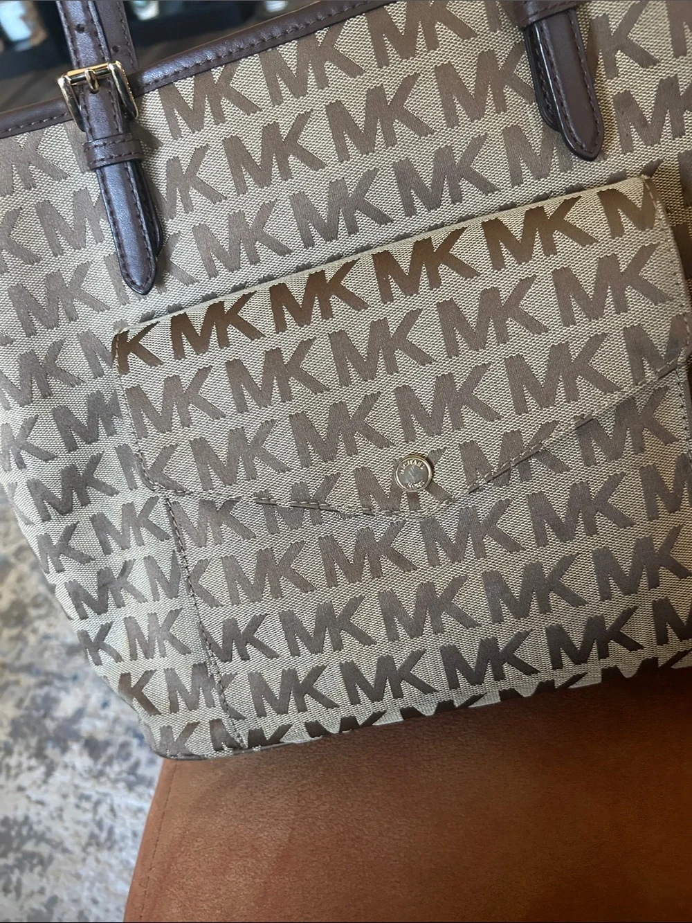 Michael Kors Brown and Tan MK Logo Canvas Tote with Front Pocket
